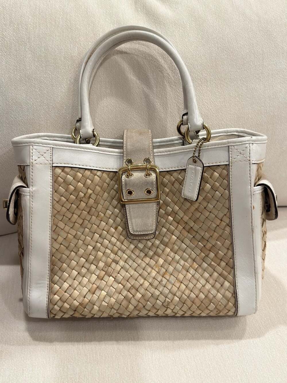 Coach Hampton 4419 Basket Weave Straw Suede Leather Satchel Tan White